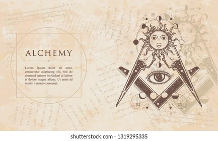 Alchemy. All seeing eye. Renaissance background. Medieval manuscript, engraving art 