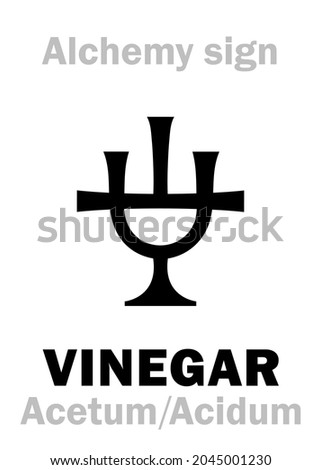 Alchemy Alphabet: ACID (Acidum) ⁄ VINEGAR (Acetum) – ME⁄OF: «vyn egre» sour wine – Lat.: vinum (wine) + acer (sour); eq.: ὄξος (Greek), оцет (Ukraïne); corrosive sour-tasting liquid, oxidant⁄oxidizer. Stok fotoğraf © 