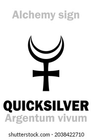 Alchemy Alphabet: MERCURY ⁄ QUICKSILVER (Hydrargyrum, Argentum vivum; Mercurius), one of three primes — wet feminine source, Philosopher's Mercury. Chemical formula=[Hg]. Alchemical symbol, 1647.