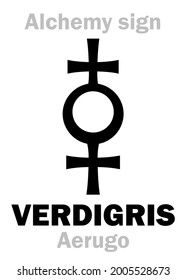 Alchemy Alphabet: VERDIGRIS (Aerugo; Aes viride, viride ævis), vert-de-gris ("green of grey"), ярь-медянка — bluish-green patina. Copper acetate: [Cu(CH₃COO)₂], hydrocarbonate: [Cu₂(OH)₂CO₃], [CuCO₃].