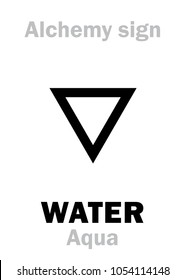 Alchemy Alphabet: WATER (Aqua), one of primary elements, state: Liquid. Common solvent, Required by carbon-based Life: Chemical formula=[H₂O]. Medieval alchemical sign (mystic hieroglyphic symbol).