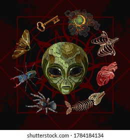 Alchemy art. Alien head, moon, keys and anatomical heart. Occult and esoteric art. Black magic illustration. Embroidery. UFO. Dark gothic template for clothes, textile, t-shirt design 