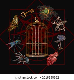 Alchemy art. Golden cage, moon, keys and anatomical heart. Occult and esoteric art. Black magic illustration. Embroidery. Dark gothic template for clothes, textile, t-shirt design 