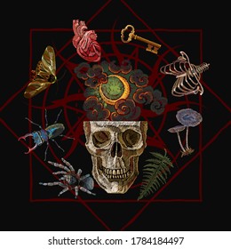 Alchemy art. Human skull, moon, keys and anatomical heart. Occult and esoteric art. Black magic illustration. Embroidery. Dark gothic template for clothes, textile, t-shirt design