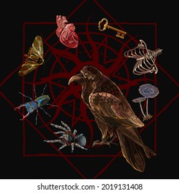 Alchemy art. Raven, fern, keys and anatomical heart. Dark gothic template for clothes, textile, t-shirt design. Occult and esoteric art. Black magic illustration. Embroidery