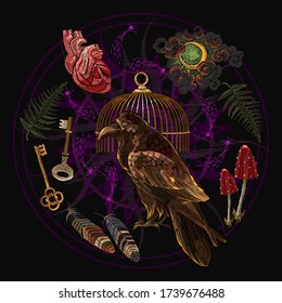 Alchemy art. Raven, golden cage, moon, fern, keys and anatomical heart. Occult and esoteric art. Black magic illustration. Embroidery. Dark gothic template for clothes, textile, t-shirt design 