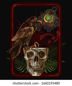 Alchemy art. Raven, moon, fern and human skull. Tarot card. Occult and esoteric concept. Black magic illustration. Embroidery. Dark gothic template for clothes, textile, t-shirt design 