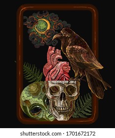 Alchemy art. Raven, moon, golden key, human skull and alien head. Dark gothic template for clothes, textile. Tarot card. Occult and esoteric style. UFO concept. Black magic illustration. Embroidery 