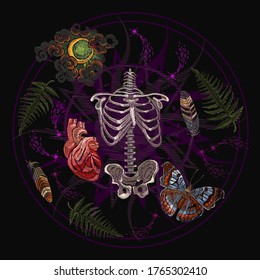 Alchemy art. Skeleton ribs, occult butterfly, moon, fern, feathers and anatomical heart. Tarot card. Esoteric concept. Black magic illustration. Embroidery template for clothes, textile 