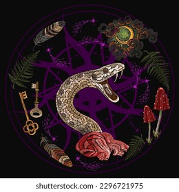 Alchemy art. Snake, moon, fern, keys and anatomical heart. Occult and esoteric art. Black magic illustration. Embroidery. Dark gothic template for clothes, textile, t-shirt design