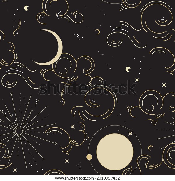 Alchemy background,\
gold esoteric design. Celestial mystical seamless pattern . Moon\
and sun symbol design 