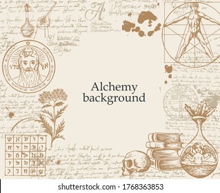 Alchemy background. Vintage artistic illustration on alchemical theme with hand-drawn sketches, handwritten scribbles and notes, ink blots and place for text