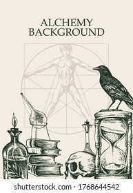 Alchemy background. Vintage artistic illustration on alchemical theme with black hand-drawn sketches, inscription and place for text on the old paper background