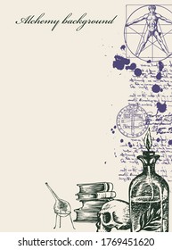 Alchemy background. Vintage artistic illustration on alchemical theme with scribbles imitating handwritten text, hand-drawn sketches, ink blots and place for text on the old paper background