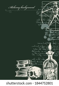 Alchemy background. Vintage artistic illustration on alchemical theme with black hand-drawn sketches, inscription and place for text on the old paper background
