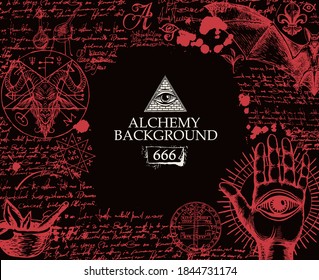 Alchemy background in vintage style. Artistic illustration with black and red hand-drawn sketches, scribbles imitating handwritten text, blood drops and place for text on the old paper background