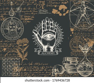 Alchemy banner in vintage style. Artistic illustration on alchemical theme with hand-drawn palm, third eye, sketches, handwritten scribbles and blots on the black background