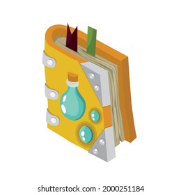 Alchemy. The book of potions. A magic book. Witchcraft. Vector illustration for fairy tales, games, icons. A book of spells. Isolated 3d vector illustration. Occult objects for mystical rituals.