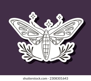 Alchemy butterfly sticker. Line icon for website. Hand holds sphere with eye. Fortune teller with equipment for predicting future. Linear flat vector illustration isolated on violet background