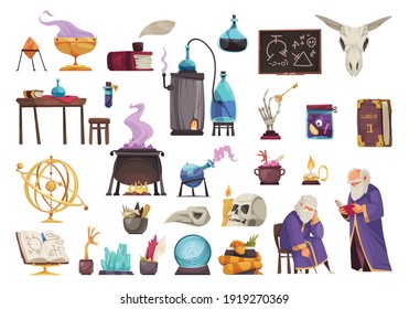 Alchemy cartoon icons set with old alchemist cauldron book ball candle potion stone skull isolated on white background vector illustration