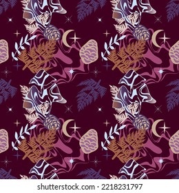 Alchemy celestial seamless pattern with mushrooms and ferns. Enchanted forest background with space stars, crescent, and herbs.
