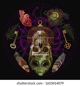 Alchemy concept. Embroidery. Alien head, skull, golden cage, fern, key and anatomical heart. Occult and esoteric art. Black magic illustration. Dark gothic template for clothes, textile design 