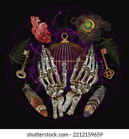 Alchemy concept. Embroidery. Skeleton hands, golden cage, feathers, key and anatomical heart. Occult and esoteric art. Black magic illustration. Dark gothic template for clothes, textile design