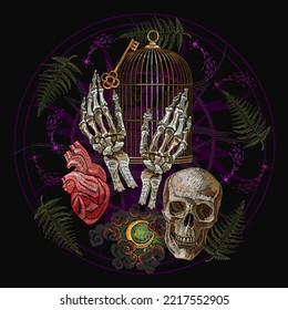 Alchemy concept. Embroidery. Skeleton hands, golden cage, skull, key and anatomical heart. Dark gothic template for clothes, textile design. Occult and esoteric art. Black magic illustration