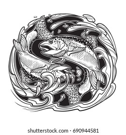 Alchemy element of water. Zodiac sign - Pisces. Two fishes jumping from the water. Circle composition. Vintage art nouveau style concept art for horoscope, tattoo or colouring book. EPS10 vector