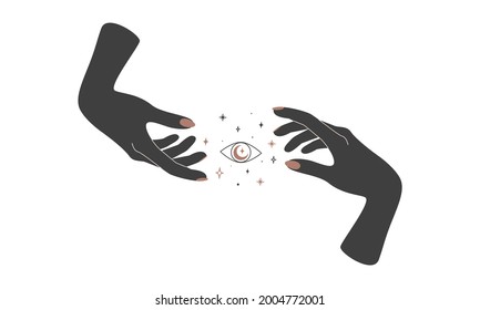 Alchemy esoteric magic celestial talisman with woman hand with rings and witchcraft eye sacred geometry. Spiritual occultism object. Vector illustration