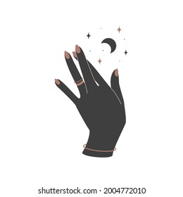 Alchemy esoteric magic celestial talisman with woman hand with rings and moon sacred geometry. Spiritual occultism object. Vector illustration
