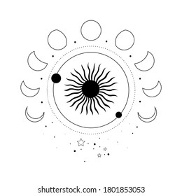 Alchemy esoteric mystical magic celestial talisman with sun, moon phases, stars sacred geometry isolated. Spiritual occultism object. Vector illustrations in black outline style