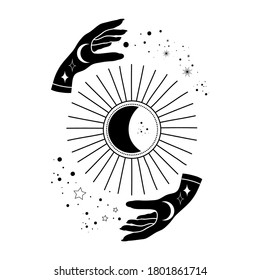 Alchemy esoteric mystical magic celestial talisman with hands sun, moon, stars sacred geometry isolated. Spiritual occultism object. Vector illustrations in black outline style