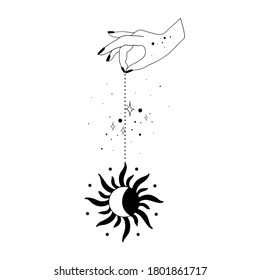 Alchemy esoteric mystical magic celestial talisman with hand, sun, moon, stars sacred geometry isolated. Spiritual occultism object. Vector illustrations in black outline style