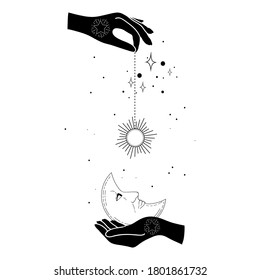 Alchemy esoteric mystical magic celestial talisman with woman hands, sun, moon, stars sacred geometry isolated. Spiritual occultism object. Vector illustrations in black outline style