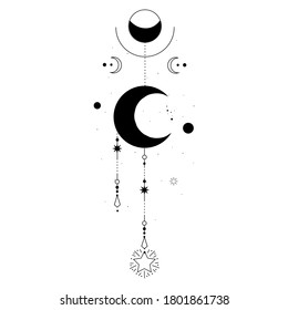 Alchemy esoteric mystical magic celestial talisman with moon, stars sacred geometry isolated. Spiritual occultism object. Vector illustrations in black outline style