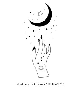 Alchemy esoteric mystical magic celestial talisman with woman hand, moon, stars sacred geometry isolated. Spiritual occultism object. Vector illustrations in black outline style