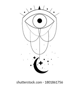 Alchemy esoteric mystical magic celestial talisman with evil eye, moon, stars sacred geometry isolated. Spiritual occultism object. Vector illustrations in black outline style