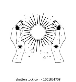 Alchemy esoteric mystical magic celestial talisman with hands sun, stars sacred geometry isolated. Spiritual occultism object. Vector illustrations in black outline style