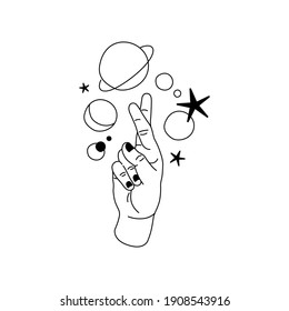 Alchemy esoteric mystical magic celestial talisman with moon, stars sacred geometry isolated. Spiritual occultism object. Vector illustrations in black outline style