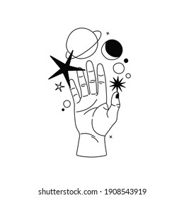 Alchemy esoteric mystical magic celestial talisman with moon, stars sacred geometry isolated. Spiritual occultism object. Vector illustrations in black outline style