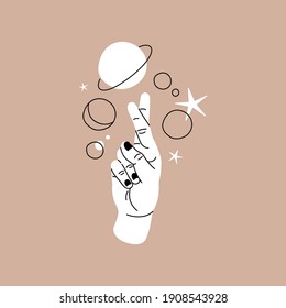 Alchemy esoteric mystical magic celestial talisman with moon, stars sacred geometry isolated. Spiritual occultism object. Vector illustrations in black outline style