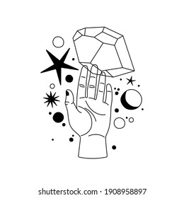 Alchemy esoteric mystical magic celestial talisman with moon, stars sacred geometry isolated. Spiritual occultism object. Vector illustrations in black outline style