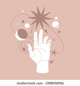 Alchemy esoteric mystical magic celestial talisman with moon, stars sacred geometry isolated. Spiritual occultism object. Vector illustrations in black outline style