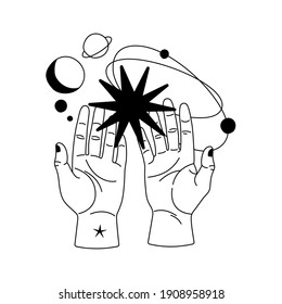 Alchemy esoteric mystical magic celestial talisman with moon, stars sacred geometry isolated. Spiritual occultism object. Vector illustrations in black outline style