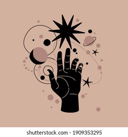 Alchemy esoteric mystical magic celestial talisman with moon, stars sacred geometry isolated. Spiritual occultism object. Vector illustrations in black outline style