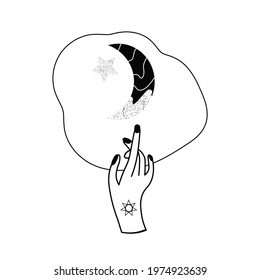 Alchemy esoteric mystical magic celestial talisman with woman hand, moon, stars sacred geometry isolated. Spiritual occultism object. Vector illustrations in black outline style.