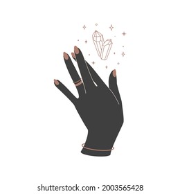 Alchemy esoteric mystical magic celestial talisman with woman hand and witchcraft crystal sacred geometry. Spiritual occultism object. Vector illustration