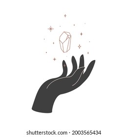 Alquimia esotérica mística talismán celeste mágico con mano de mujer y brujería geometría sagrada de cristal. Objeto de ocultismo espiritual. Ilustración del vector