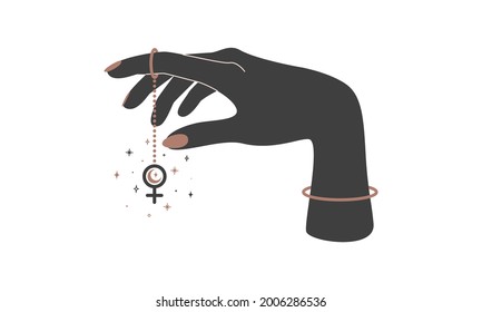 Alchemy esoteric mystical magic celestial talisman with woman hand with hanging chain female sign. Spiritual occultism object. Vector illustration